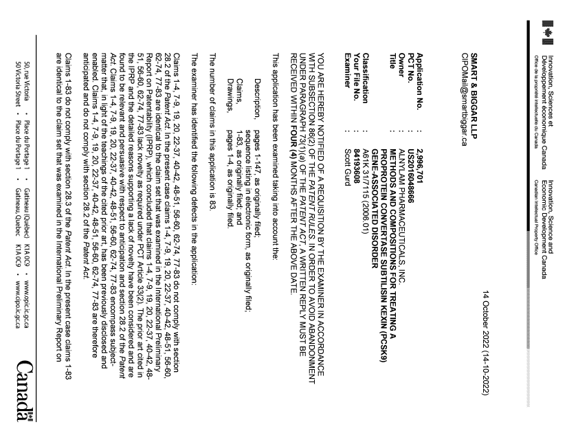 Canadian Patent Document 2996701. Examiner Requisition 20221014. Image 1 of 4