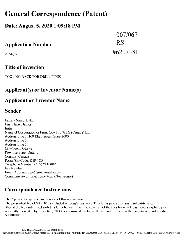 Document de brevet canadien 2996991. Requête d'examen 20200805. Image 1 de 3