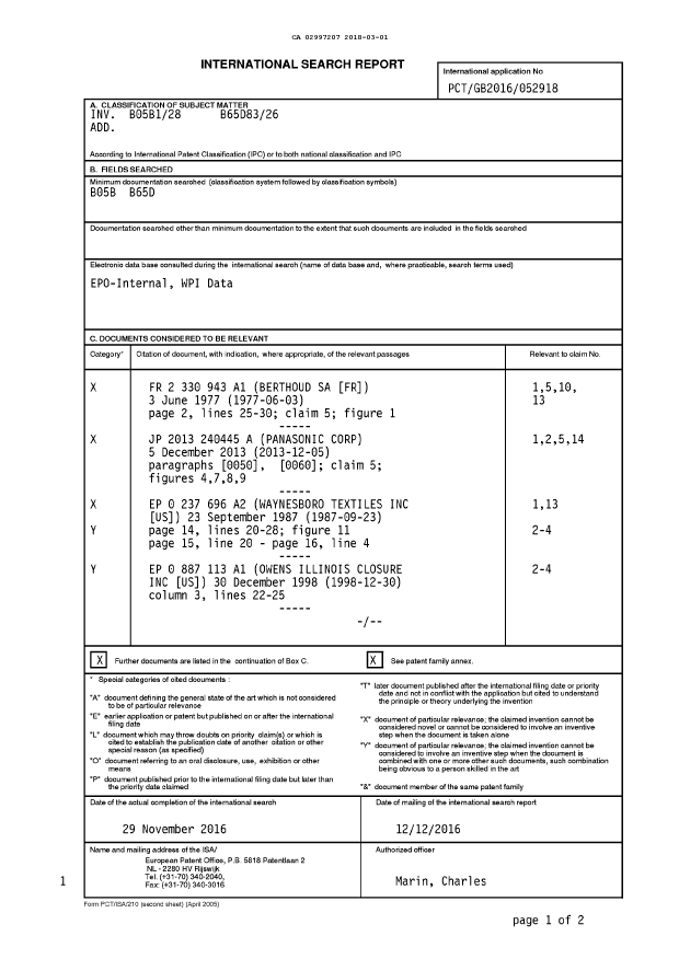 Document de brevet canadien 2997207. Rapport de recherche internationale 20180301. Image 1 de 3
