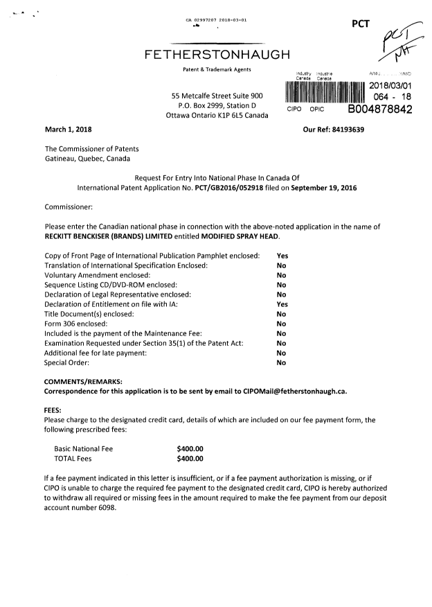 Document de brevet canadien 2997207. Demande d'entrée en phase nationale 20180301. Image 1 de 5