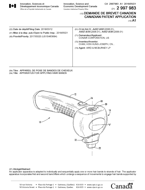 Document de brevet canadien 2997983. Page couverture 20180417. Image 1 de 2
