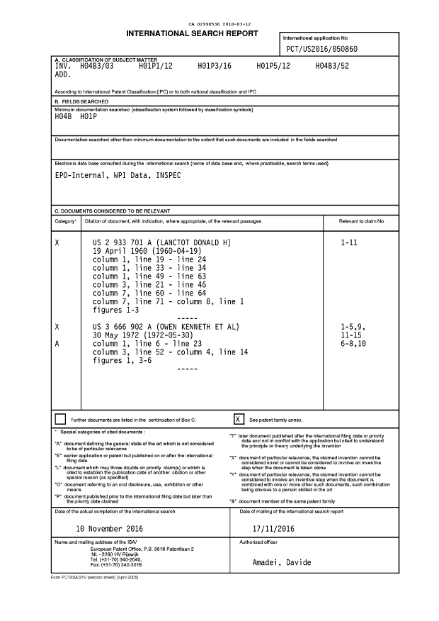 Document de brevet canadien 2998536. Rapport de recherche internationale 20180312. Image 1 de 2