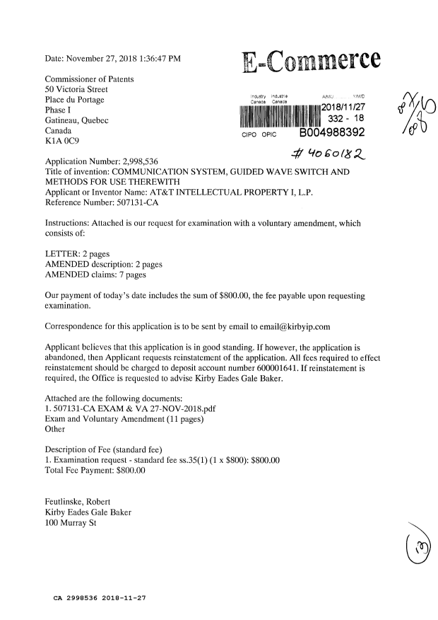 Document de brevet canadien 2998536. Requête d'examen 20181127. Image 1 de 13