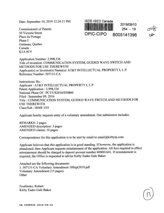 Document de brevet canadien 2998536. Modification 20190910. Image 1 de 17