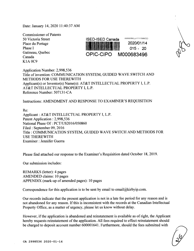 Document de brevet canadien 2998536. Modification 20200114. Image 1 de 26