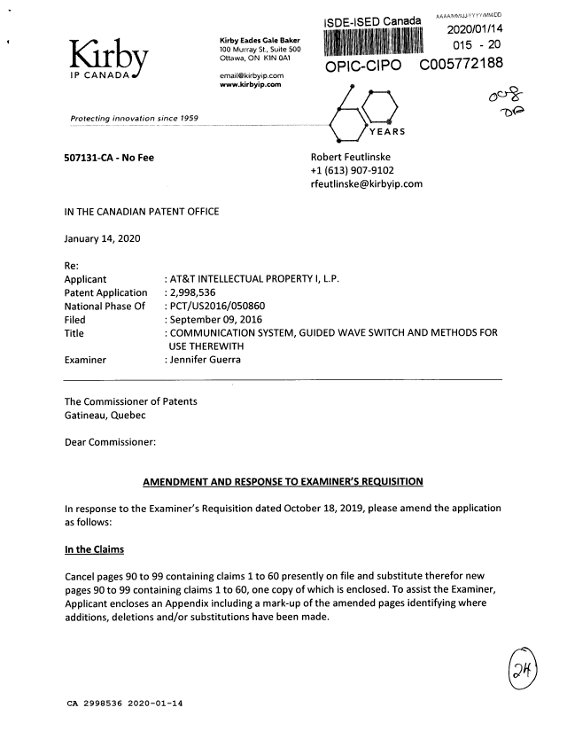 Document de brevet canadien 2998536. Modification 20200114. Image 1 de 24