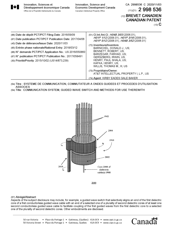 Document de brevet canadien 2998536. Page couverture 20201013. Image 1 de 1