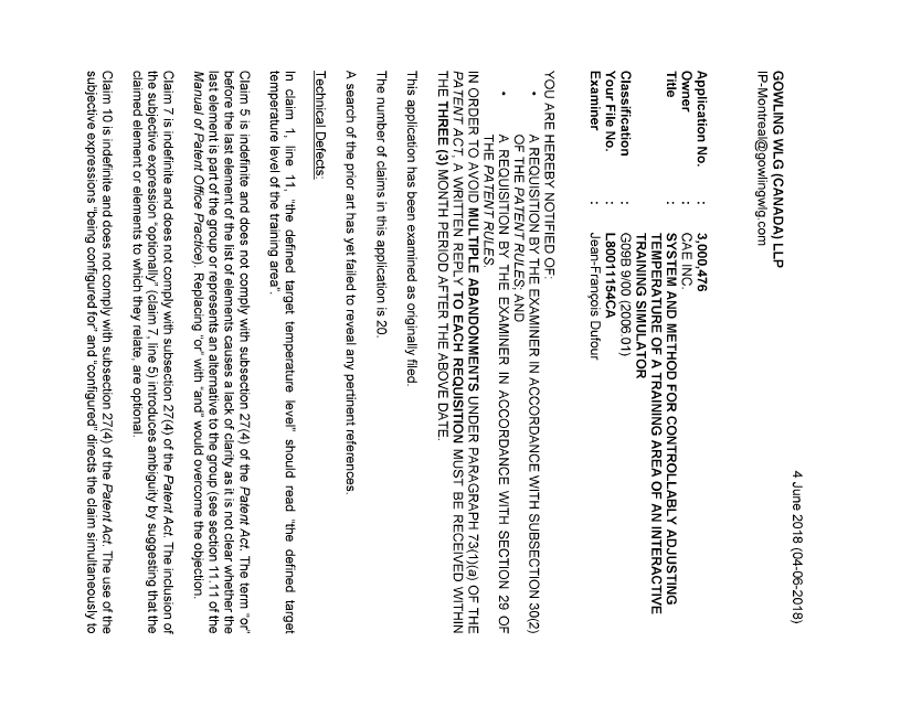 Document de brevet canadien 3000476. Demande d'examen 20180604. Image 1 de 3