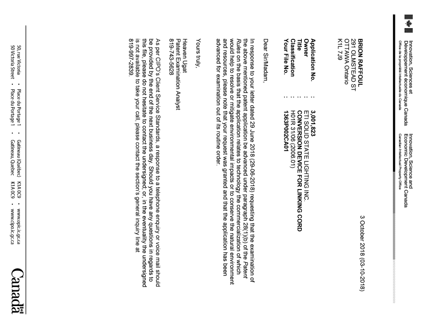 Document de brevet canadien 3001823. Ordonnance spéciale - Verte acceptée 20171203. Image 1 de 1