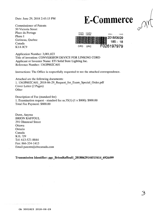 Document de brevet canadien 3001823. Ordonnance spéciale 20171229. Image 1 de 3