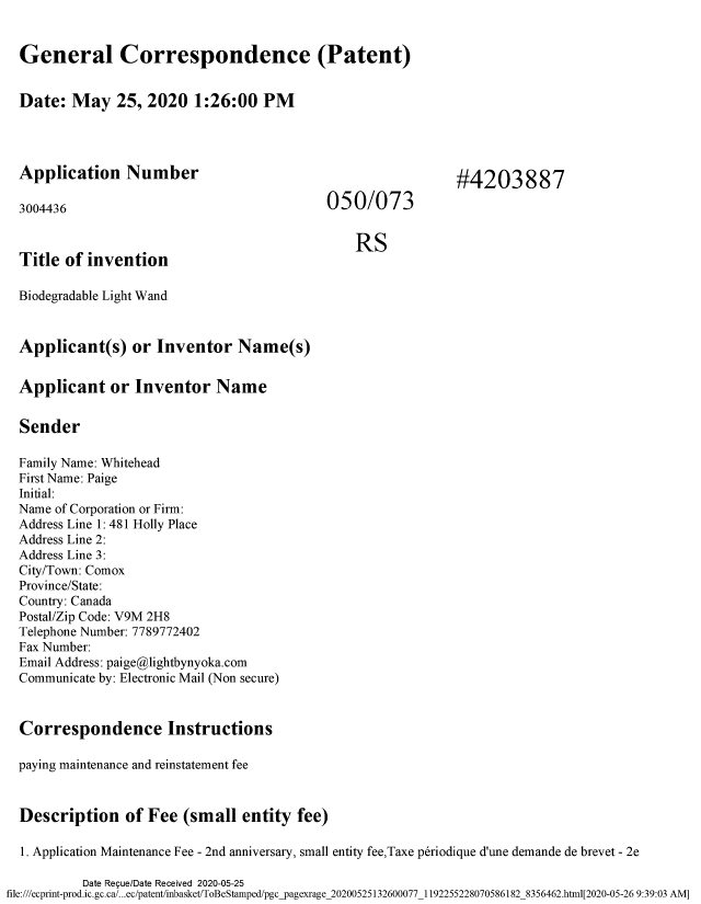 Canadian Patent Document 3004436. Reinstatement 20200525. Image 1 of 3