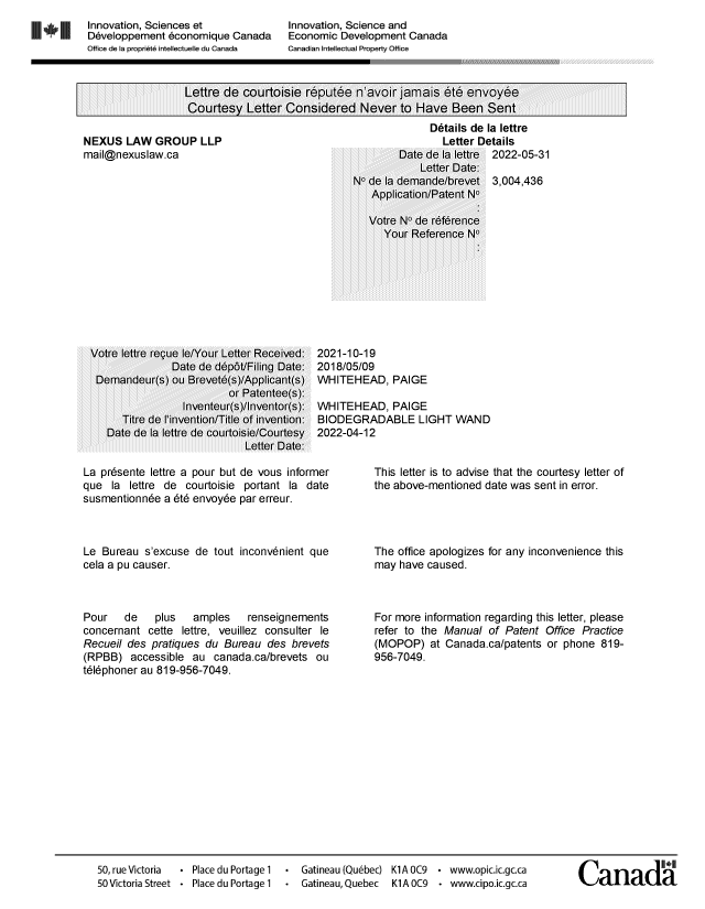 Document de brevet canadien 3004436. Lettre du bureau 20220531. Image 1 de 1