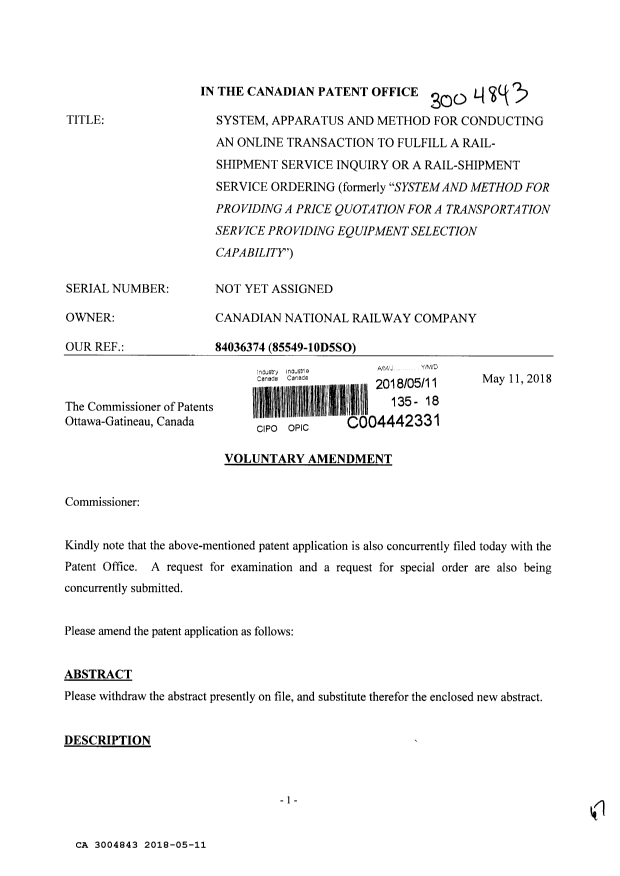 Document de brevet canadien 3004843. Modification 20180511. Image 1 de 69