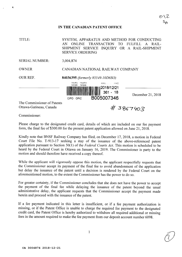 Canadian Patent Document 3004874. Final Fee 20181221. Image 1 of 2