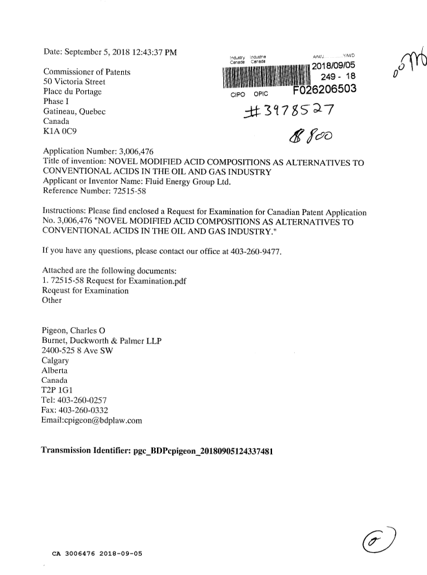 Document de brevet canadien 3006476. Requête d'examen 20180905. Image 1 de 2