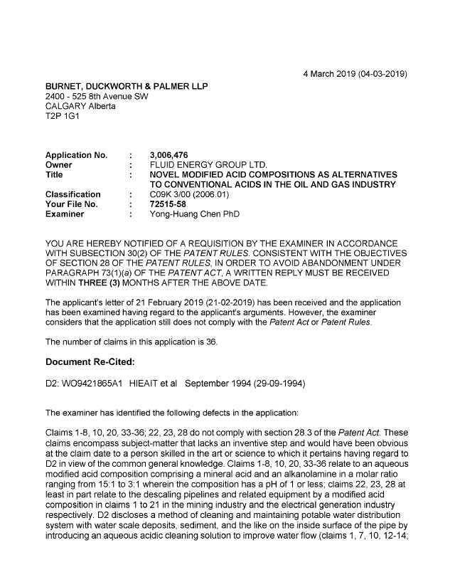 Document de brevet canadien 3006476. Demande d'examen 20190304. Image 1 de 4