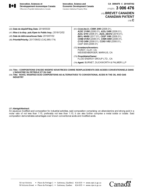 Document de brevet canadien 3006476. Page couverture 20190604. Image 1 de 1