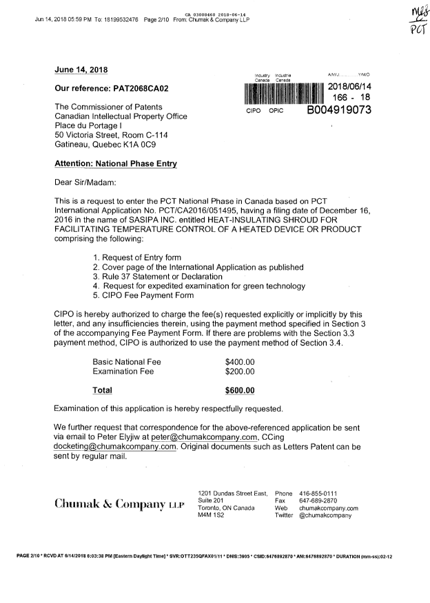 Document de brevet canadien 3008460. Demande d'entrée en phase nationale 20171214. Image 1 de 6