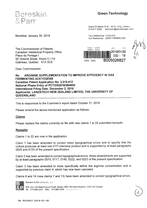 Document de brevet canadien 3010412. Modification 20181230. Image 1 de 11
