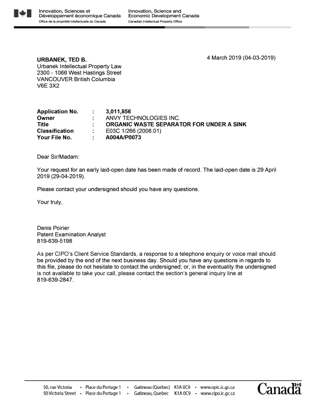 Canadian Patent Document 3011856. Office Letter 20190304. Image 1 of 1