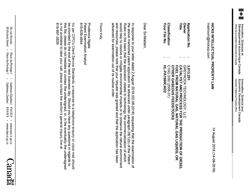 Document de brevet canadien 3013251. Ordonnance spéciale - Verte acceptée 20180814. Image 1 de 1