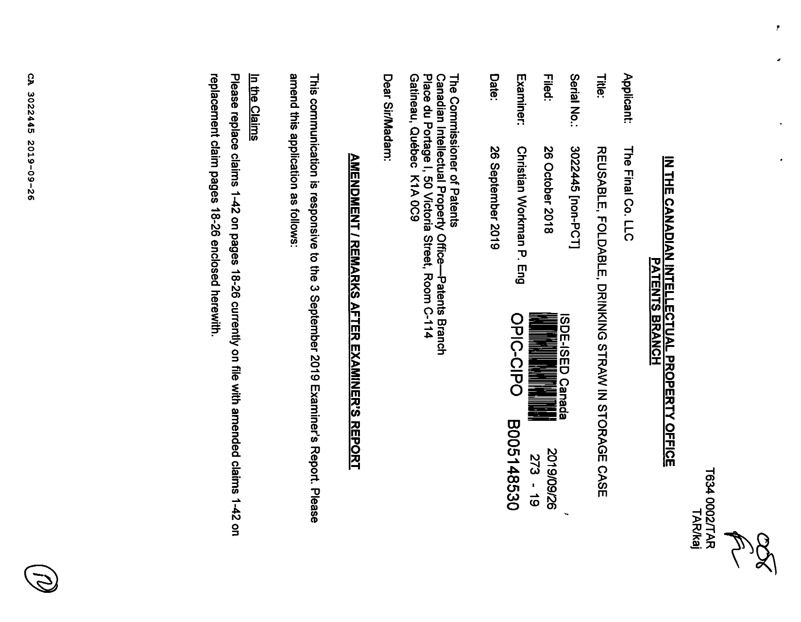 Canadian Patent Document 3022445. Amendment 20181226. Image 1 of 12