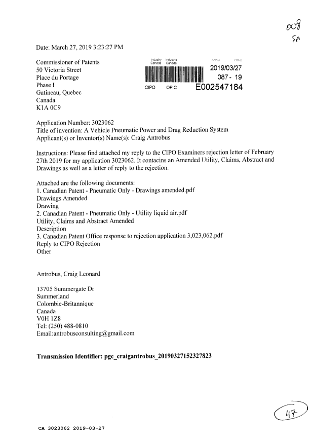 Canadian Patent Document 3023062. Amendment 20190327. Image 1 of 47