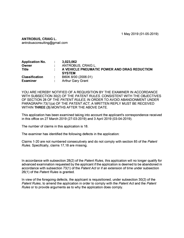 Document de brevet canadien 3023062. Demande d'examen 20190501. Image 1 de 3