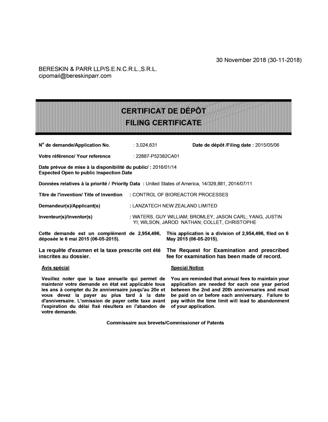 Document de brevet canadien 3024631. Complémentaire - Certificat de dépôt 20181130. Image 1 de 1