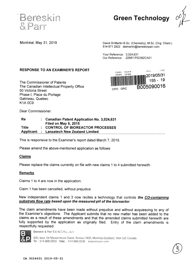 Document de brevet canadien 3024631. Modification 20190531. Image 1 de 3