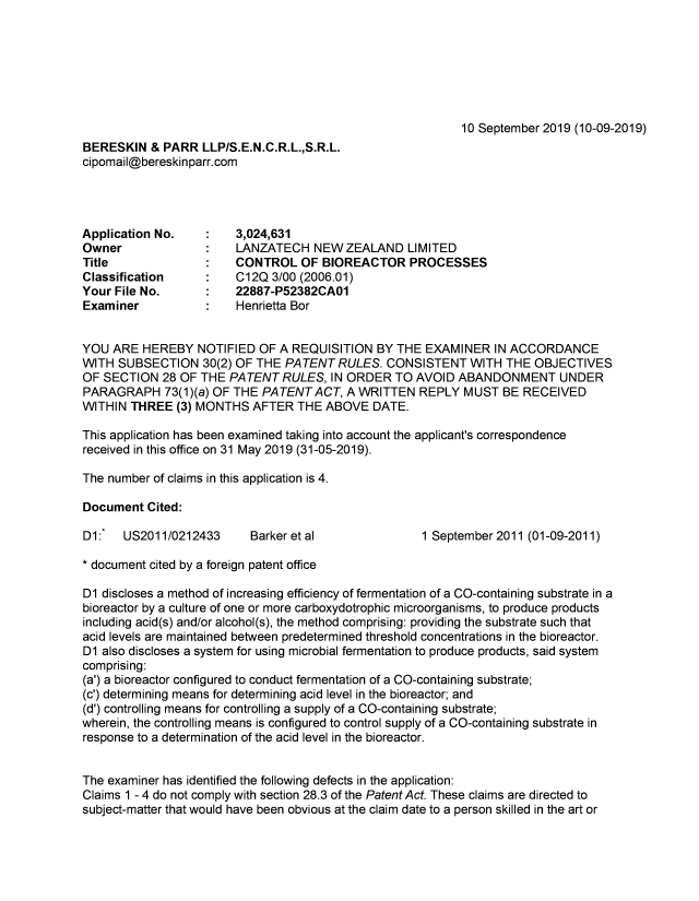 Document de brevet canadien 3024631. Demande d'examen 20190910. Image 1 de 5