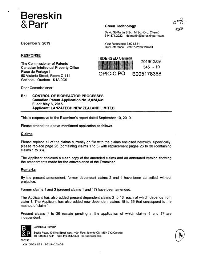 Document de brevet canadien 3024631. Modification 20191209. Image 1 de 16
