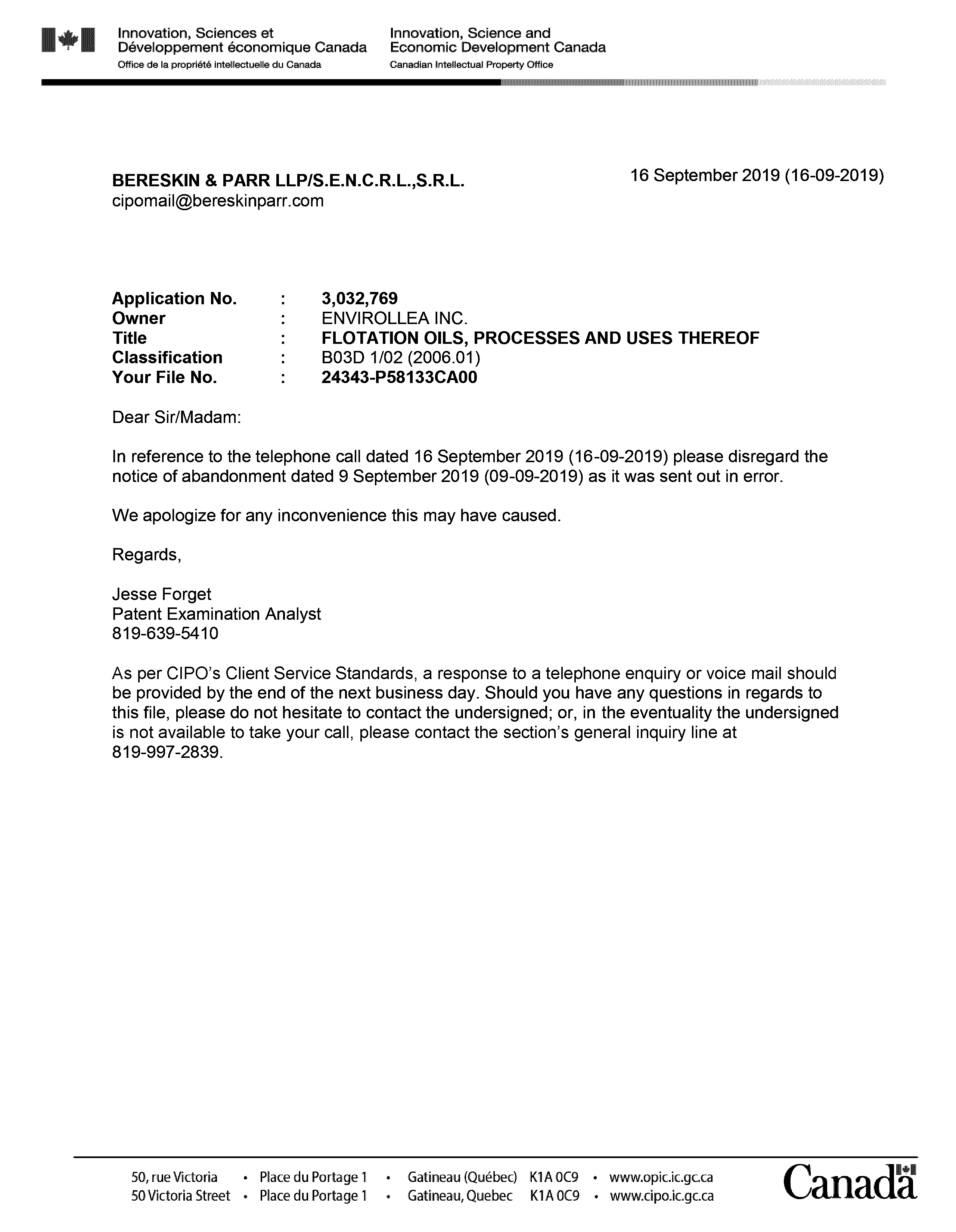 Canadian Patent Document 3032769. Office Letter 20181216. Image 1 of 1
