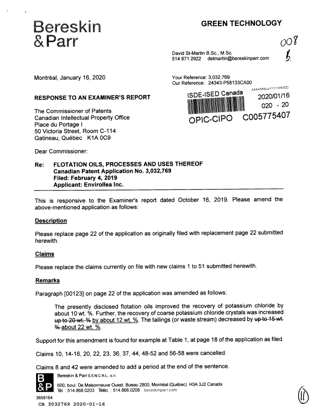 Canadian Patent Document 3032769. Amendment 20200116. Image 1 of 11