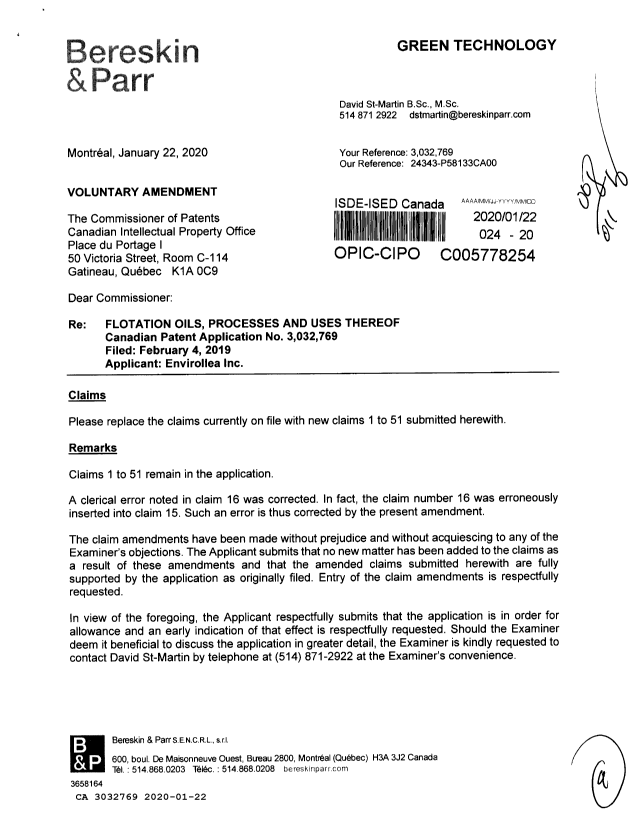 Canadian Patent Document 3032769. Amendment 20200122. Image 1 of 9