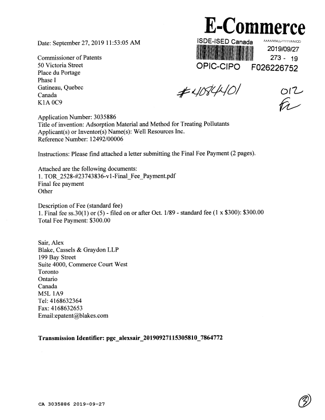 Canadian Patent Document 3035886. Final Fee 20181227. Image 1 of 3