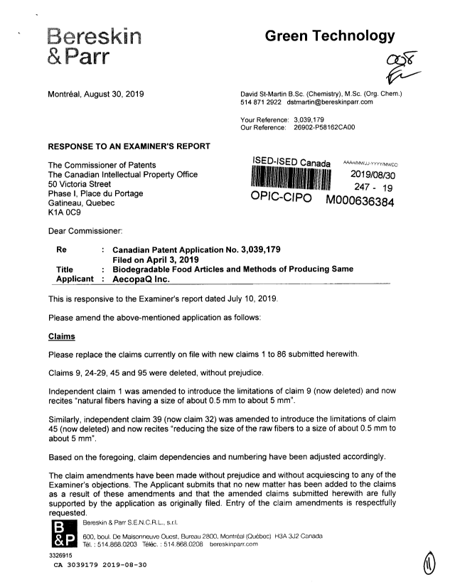 Canadian Patent Document 3039179. Amendment 20181230. Image 1 of 11
