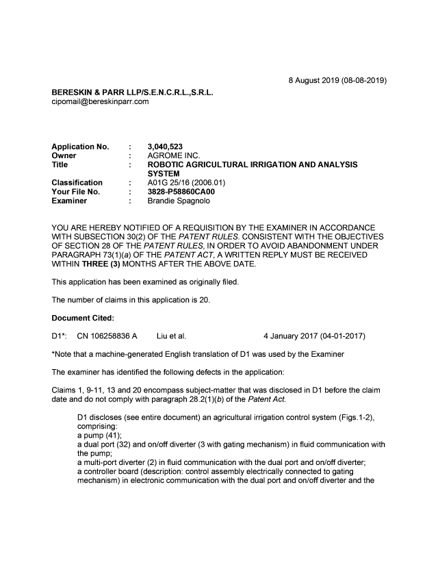 Canadian Patent Document 3040523. R30(2) Examiner Requisition 20181208. Image 1 of 4