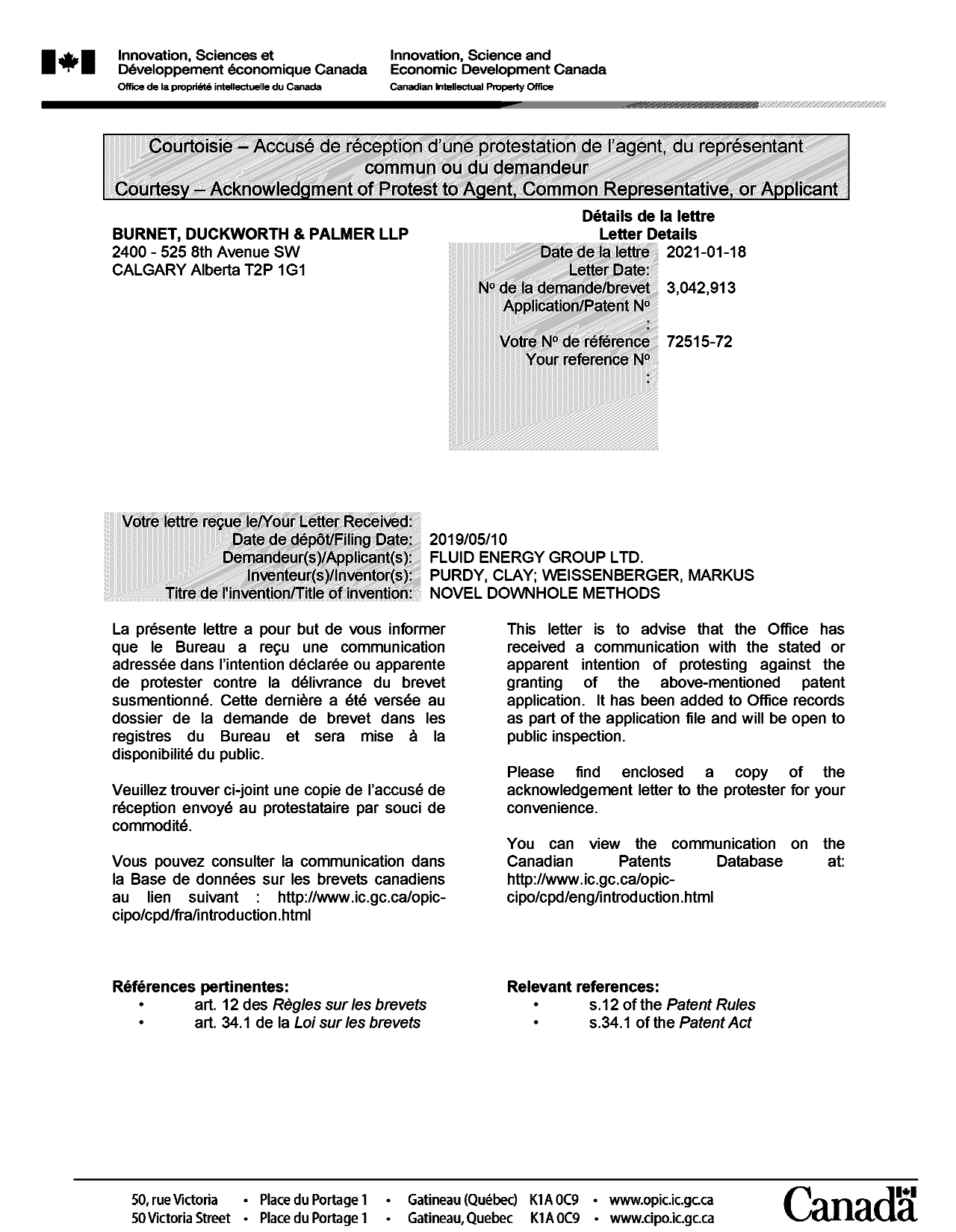 Document de brevet canadien 3042913. Accusé de réception d'antériorité 20210118. Image 1 de 2