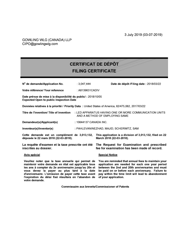 Document de brevet canadien 3047444. Complémentaire - Certificat de dépôt 20190703. Image 1 de 1