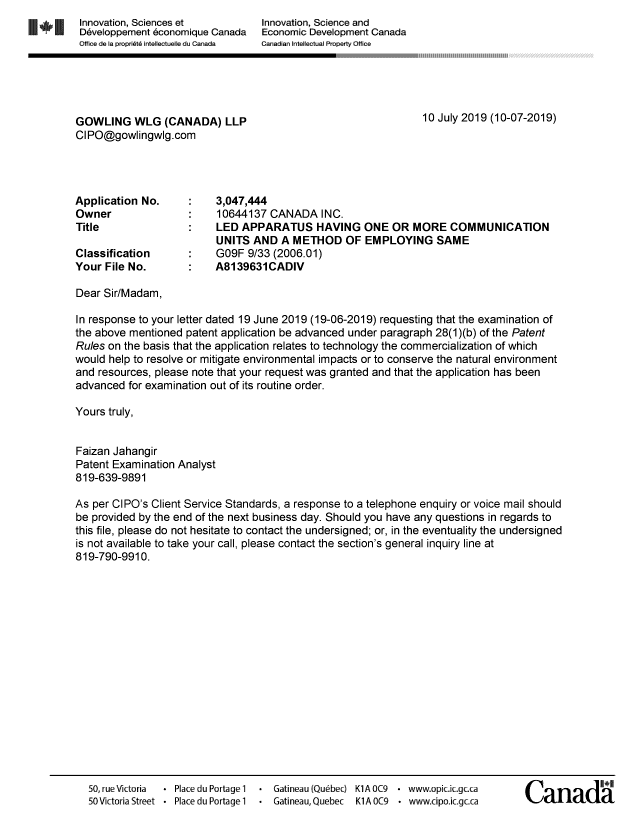 Document de brevet canadien 3047444. Ordonnance spéciale - Verte acceptée 20190710. Image 1 de 1