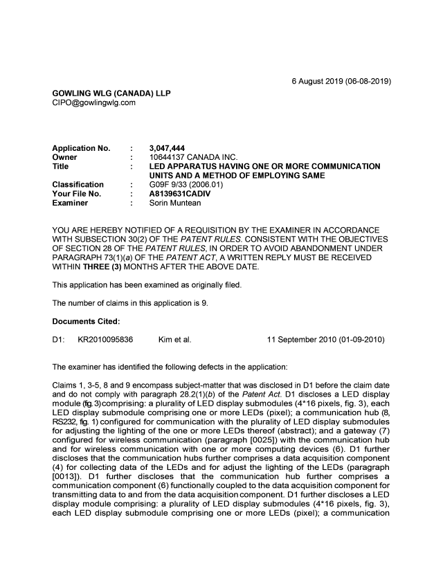 Document de brevet canadien 3047444. Demande d'examen 20190806. Image 1 de 4