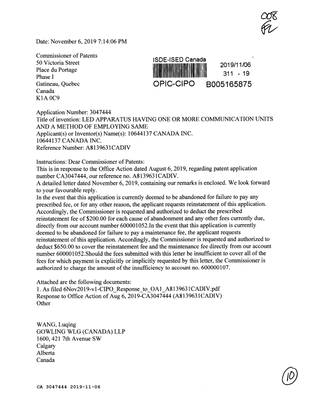 Document de brevet canadien 3047444. Modification 20191106. Image 1 de 10