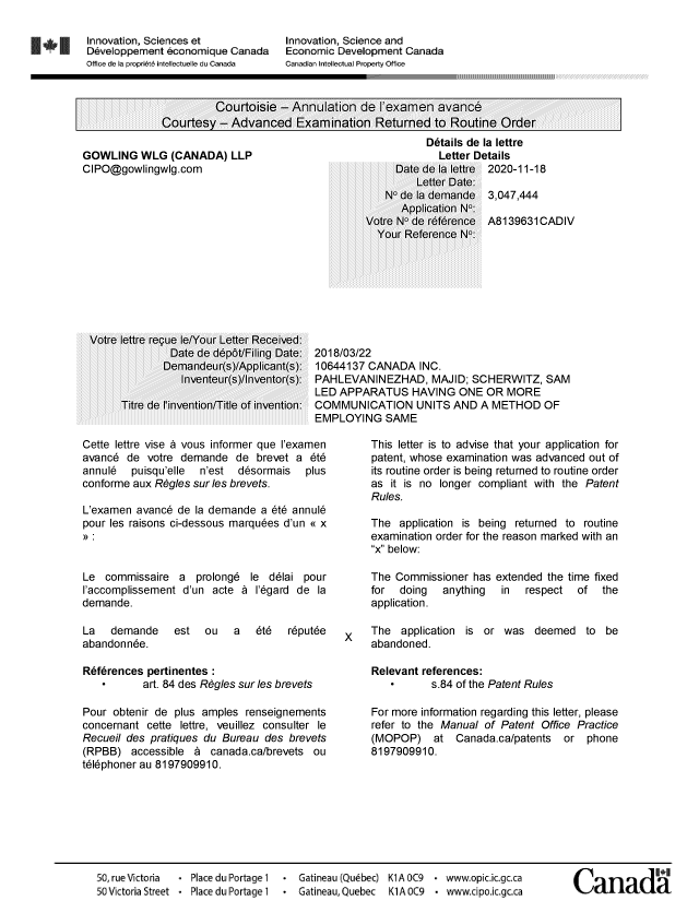 Document de brevet canadien 3047444. Ordonnance spéciale - Verte revoquée 20201118. Image 1 de 1