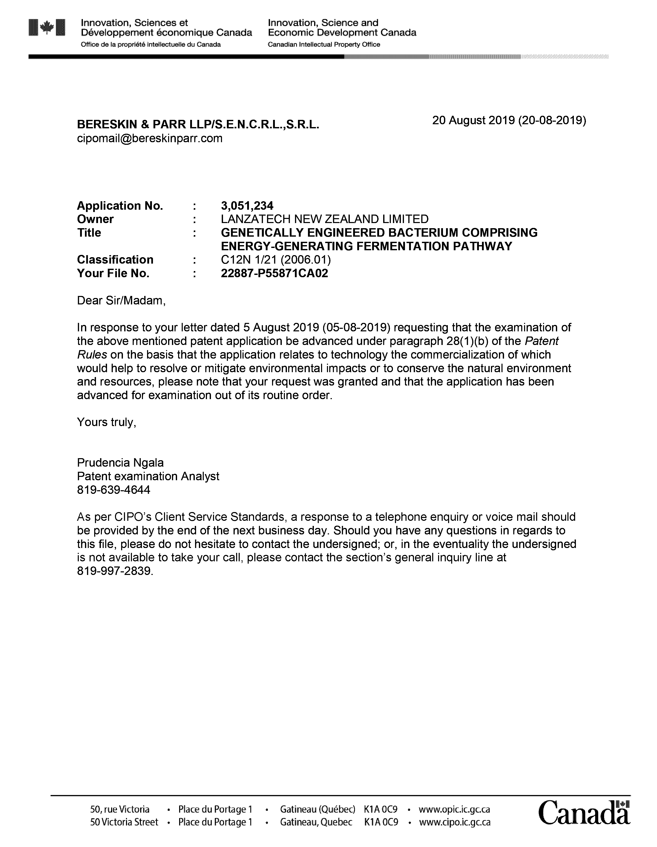 Canadian Patent Document 3051234. Special Order - Green Granted 20181220. Image 1 of 1