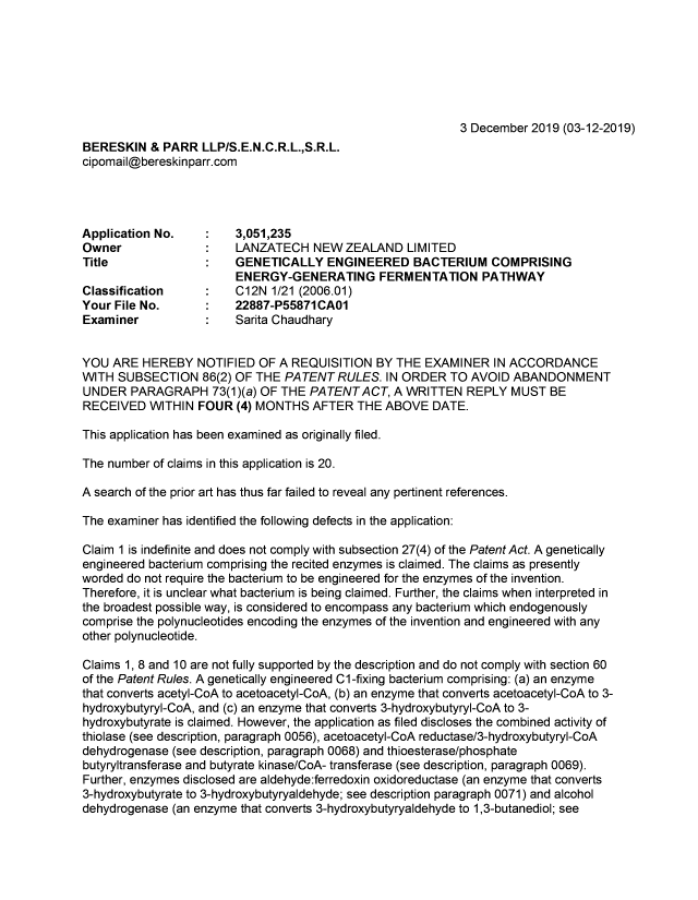 Document de brevet canadien 3051235. Demande d'examen 20191203. Image 1 de 4