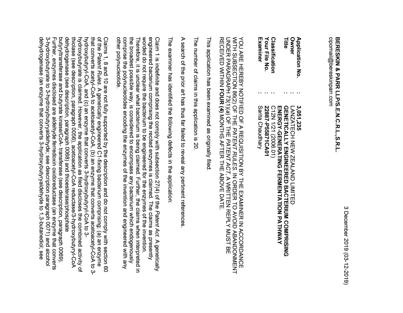 Document de brevet canadien 3051235. Demande d'examen 20191203. Image 1 de 4