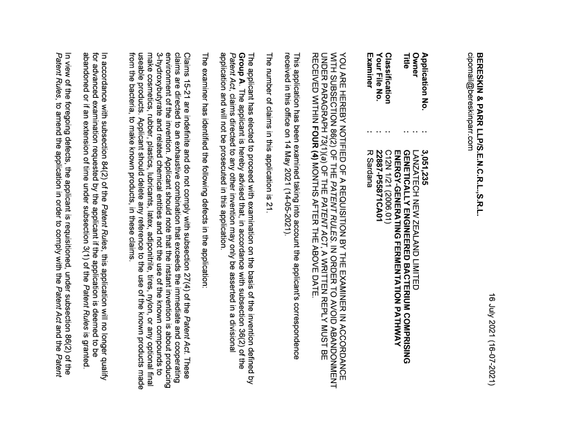 Document de brevet canadien 3051235. Demande d'examen 20210716. Image 1 de 3