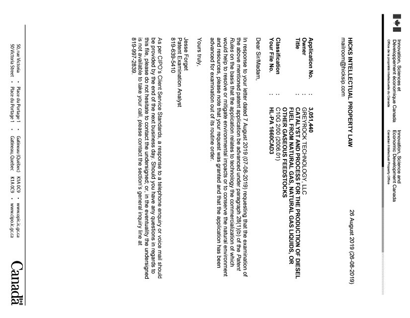 Document de brevet canadien 3051440. Ordonnance spéciale - Verte acceptée 20181226. Image 1 de 1