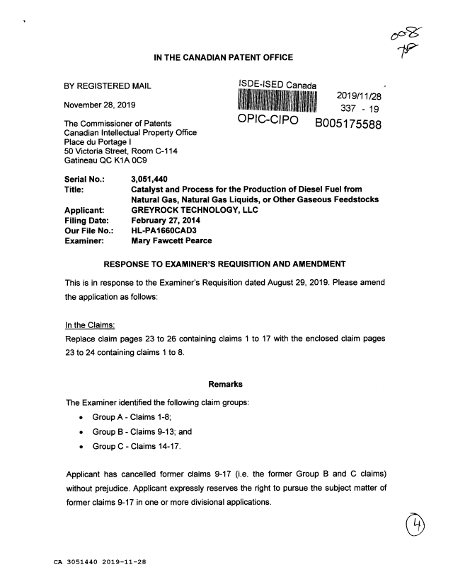 Document de brevet canadien 3051440. Modification 20191128. Image 1 de 4